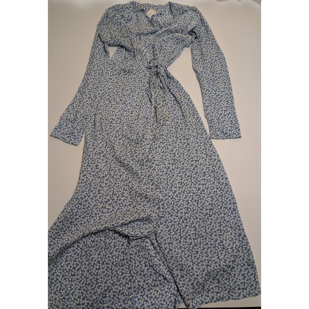 HM Blue Floral Wrap Midi Dress Long Sleeve V-Neck Daisy Print Womens XS